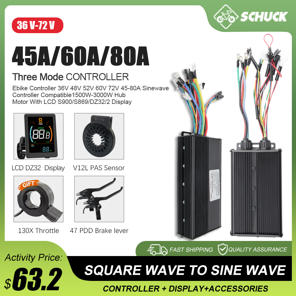E-bike 3 modos 48v 52v 60v 72v - Sine Wave Controller 48V 72V 80A avaliação e preço